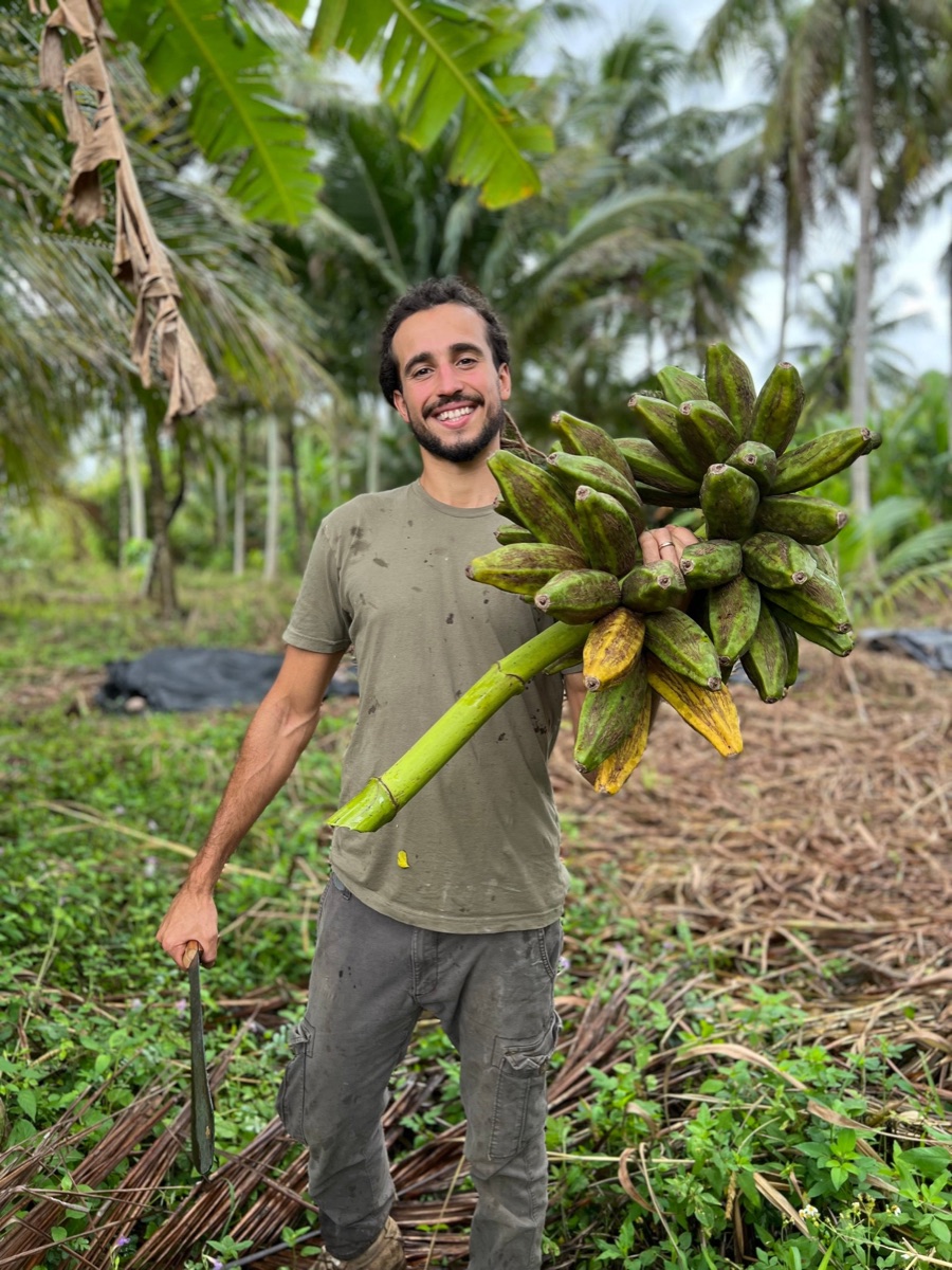 Sal, the Fruit Hunter, standing in his tropical grove holding a freshly-cut stalk of bananas